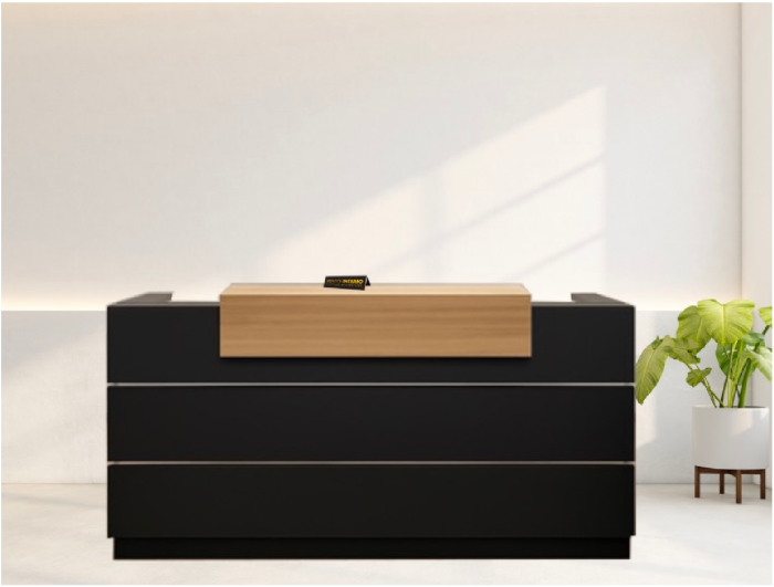 reception desk dark grey and woodgrain
